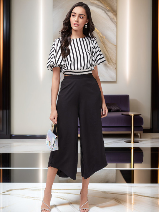 Zima Leto Striped Flared Sleeves Crop Top & Trouser Co-Ords