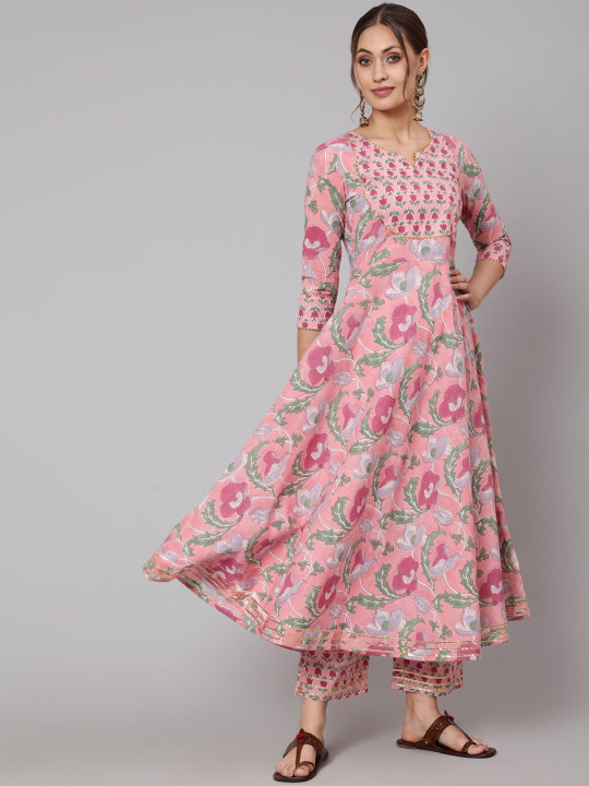 GLAM ROOTS Women Floral Printed Empire Gotta Patti Pure Cotton Kurta with Trousers & With Dupatta