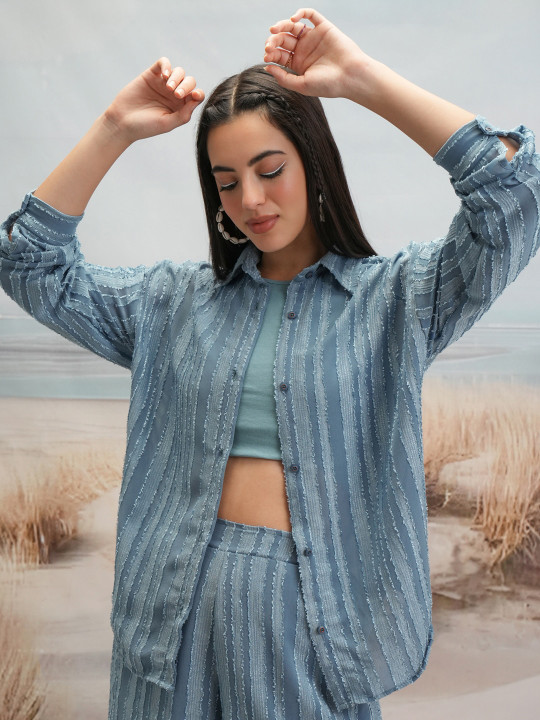Tokyo Talkies Striped Shirt Collar Neck Shirt & Flared Shorts Co-Ords