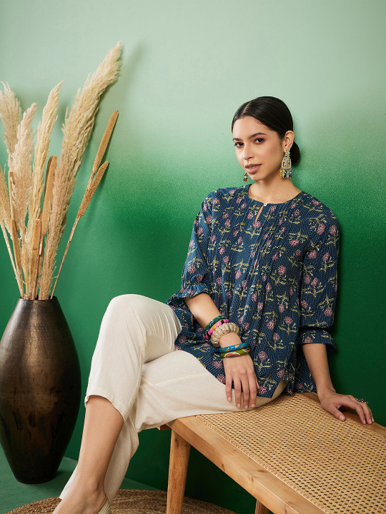 Sangria Floral Printed Cotton A Line Top