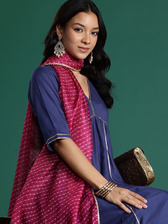 Sangria Gotta Patti Detail Empire Kurta Set With Striped Dupatta
