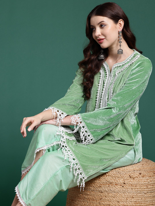Sangria Velvet Finish Fusion Kurta Set