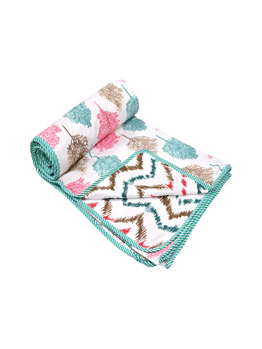 CHICERY Green & White Floral Cotton AC Room 210 GSM Double Reversible Bed Dohar