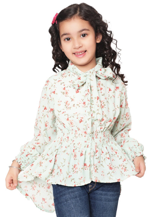 BAESD Floral Printed Puff Sleeve Longline Shirt Style Top