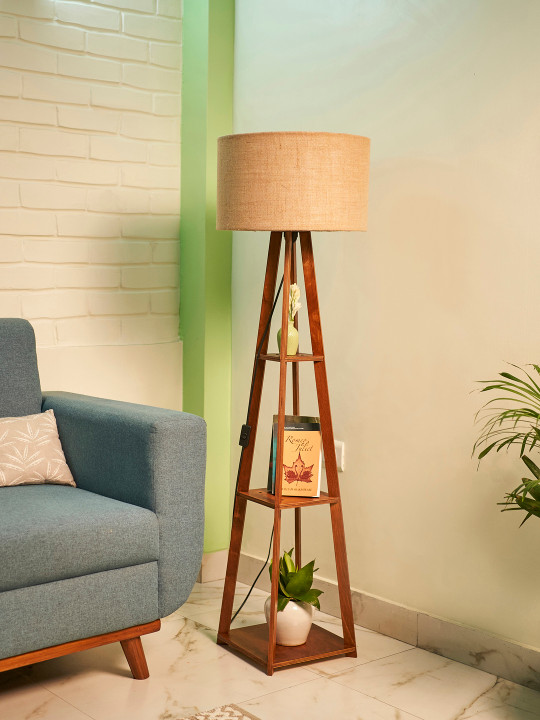 Crosscut Beige & Brown Wooden Cylinder Shaped Floor Lamp With Shelves image