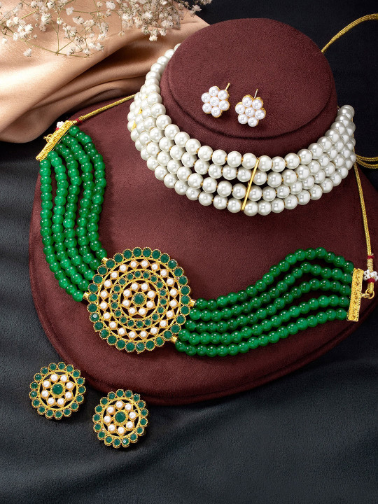 Peora Set Of 2 Gold Plated Stones Studded & Beaded Jewellery Set