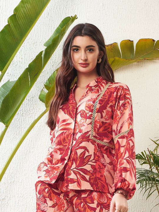 SASSAFRAS Rust Tropical Printed Mandarin Collar Tropical Cotton Georgette Shirt Style Top