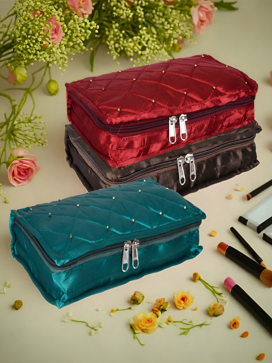 Kuber Industries Green & Red 3 Pieces Self Design Reusable Jewellery Organisers