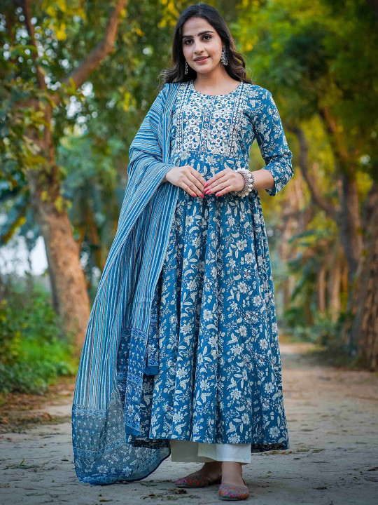 Mizaz Floral Embroidered Pure Cotton Anarkali Kurta With Trousers & Dupatta