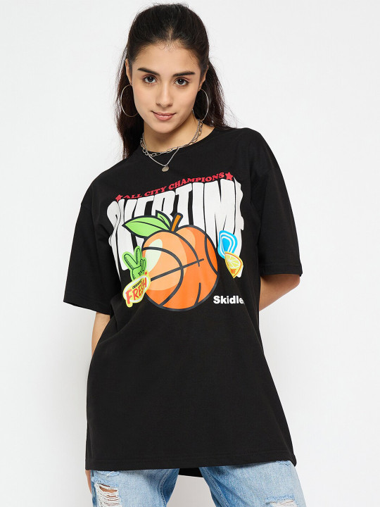Skidlers Women Graphic Printed Round Neck Semi Oversized T-Shirt