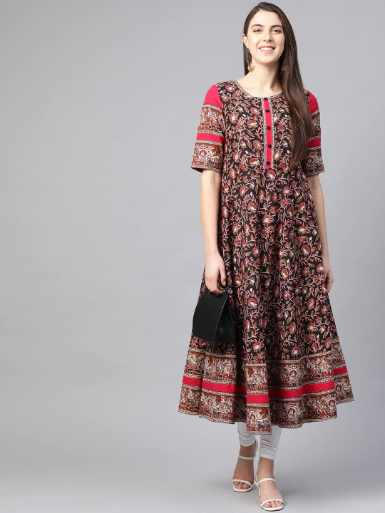 KALINI Paisley Printed Round Neck Gotta Patti Anarkali Kurta