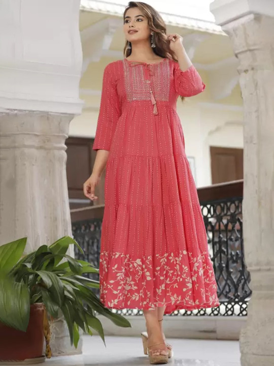 KALINI Geometric Printed Tie-Up Neck Sequined Anarkali Kurta