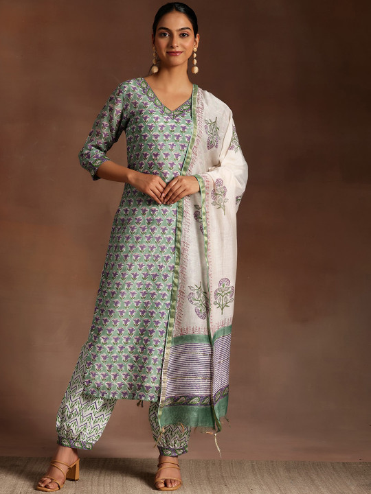 Libas Floral Printed Beads and Stones Pure Cotton Kurta & Salwar With Dupatta