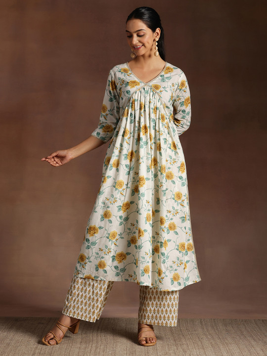 Libas Floral Printed Pleated Gotta Patti Pure Cotton A-Line Kurta With Palazzos