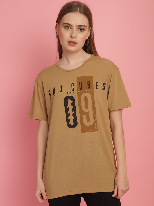 MACK JONNEY Women Typography Printed Drop-Shoulder Sleeves Oversized Cotton T-shirt