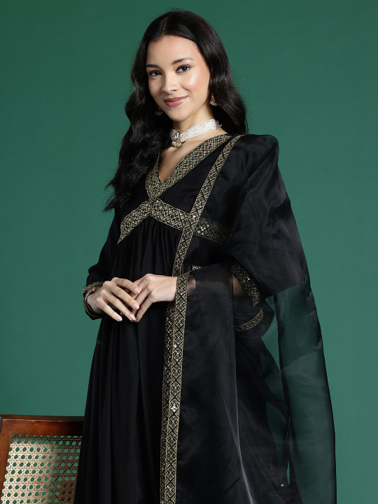 Sangria Women Ethnic Motifs Yoke Design Empire Sequinned Kurta with Trousers & Dupatta