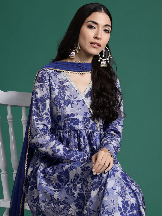 Sangria Floral Print Gotta Patti Angrakha Kurta with Trousers & Dupatta
