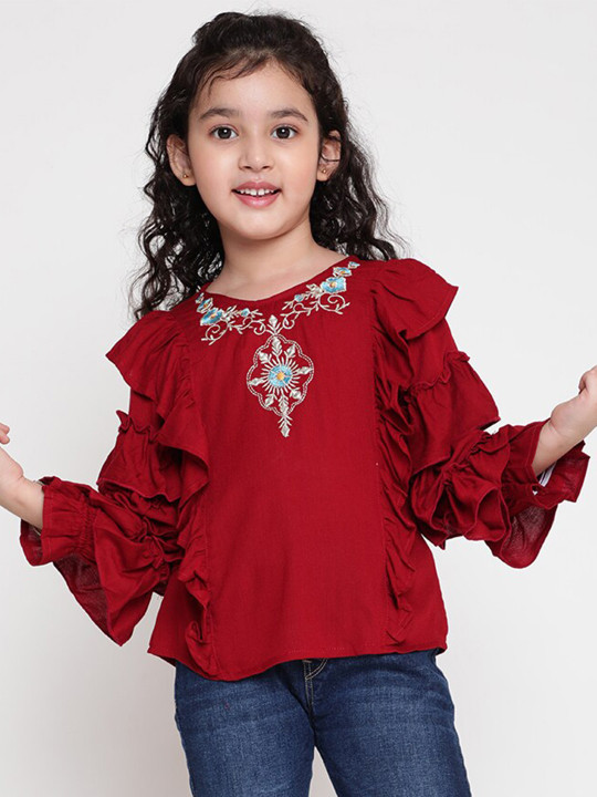 BAESD Round Neck Floral Printed Flutter Sleeve Crepe Top