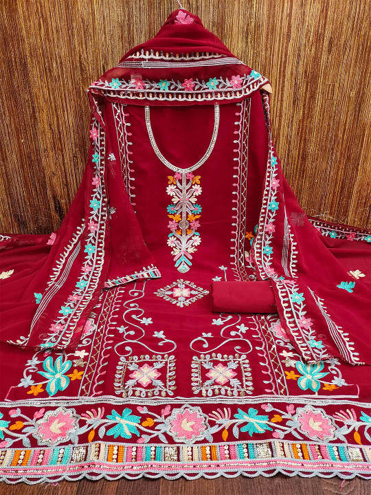 KALINI Ethnic Motifs Embroidered Silk Georgette Unstitched Dress Material