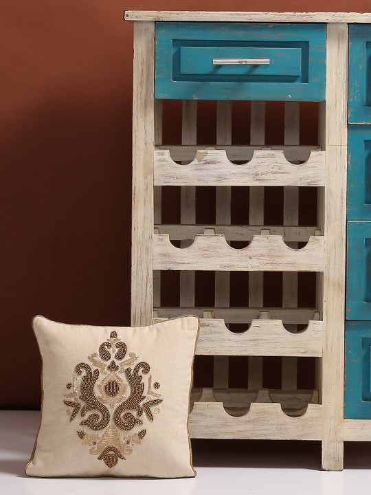Beige & Brown Single Ethnic Motifs Embellished Square Cushion Cover