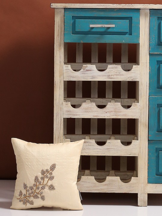 Beige Single Floral Embellished Square Cushion Cover