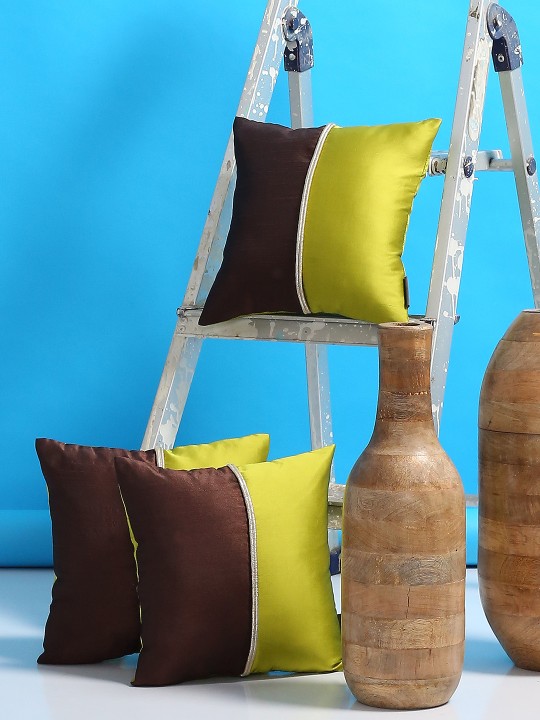 Lime Green & Brown Set of 3 Square Cushion Covers