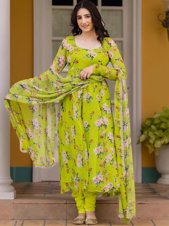 KALINI Floral Printed Long Sleeves Regular Gotta Patti Kurta With Churidar & Dupatta