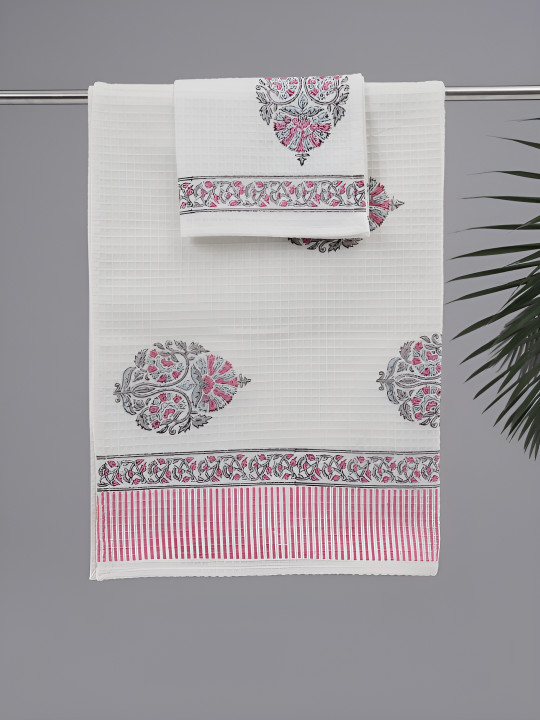 Peepul Tree 2 pcs White & Pink Block Printed Cotton Hand & Bath Waffle Towel Set