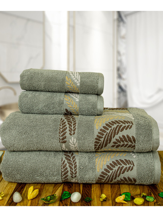 RANGOLI Green & Brown Self Design 4 Piece Pure Cotton 450 GSM Towel Set