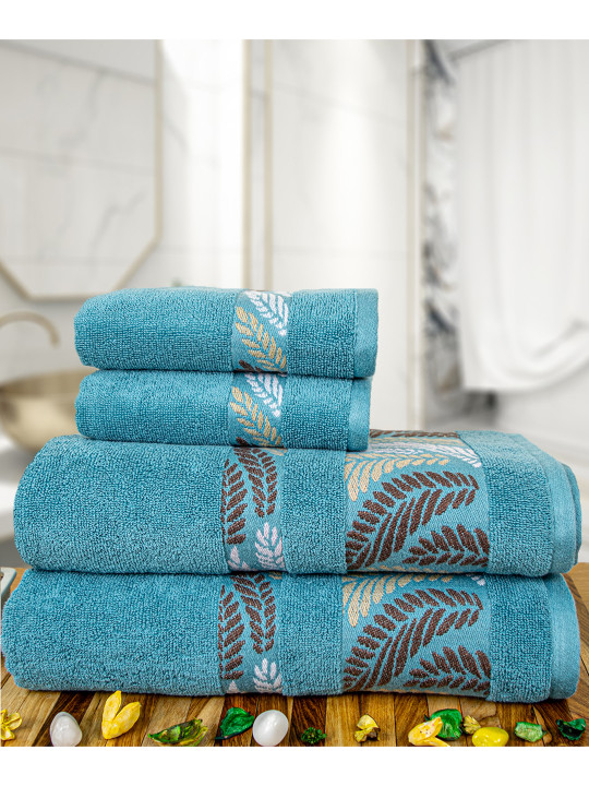 RANGOLI Teal Blue & Brown 4 Piece Self Design Pure Cotton 470 GSM Towel Set