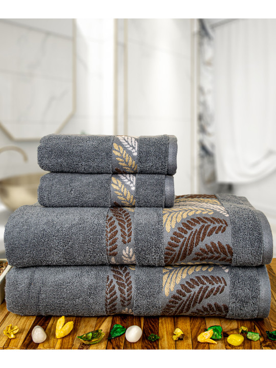 RANGOLI Grey & Maroon 4 Piece Pure Cotton 470 GSM Towel Set