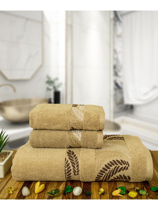 RANGOLI Cream-Coloured & Maroon 3 Piece Pure Cotton 470 GSM Towel Set