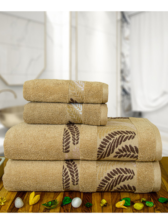 RANGOLI Cream-Coloured & Black 4 Piece Self Design Pure Cotton 450 GSM Towel Set