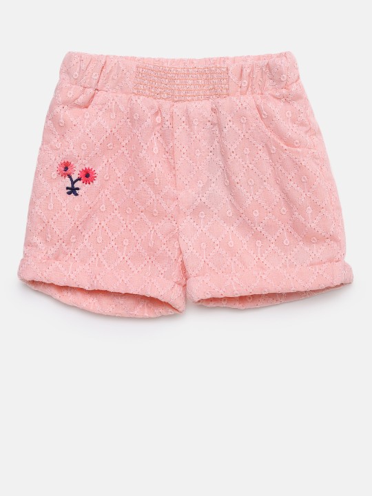 Girls Peach-Coloured Embroidered Regular Fit Regular Shorts 6M