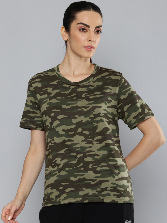 Decathlon SOLOGNAC - Woman Green Camouflage Regular Fit Hiking Tshirts