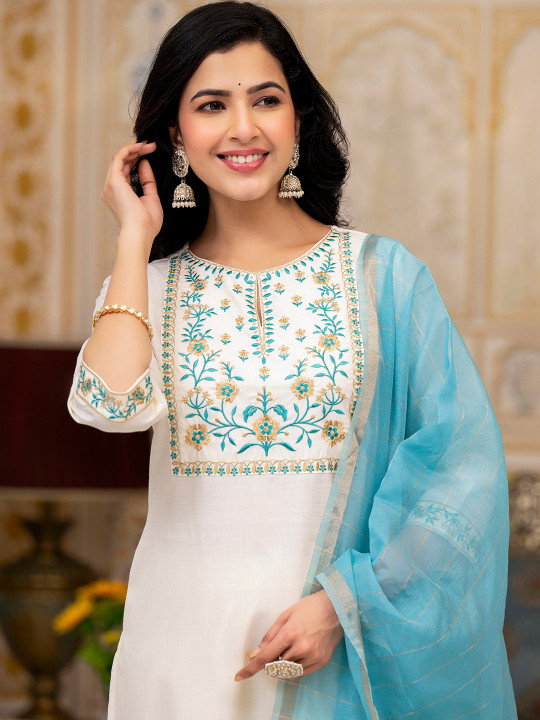 Vishudh Ethnic Motifs Yoke Design Straight Thread Work Kurta with Palazzos & Dupatta