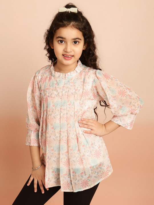 BAESD Girls Floral Printed High Neck Puff Sleeves A-Line Top