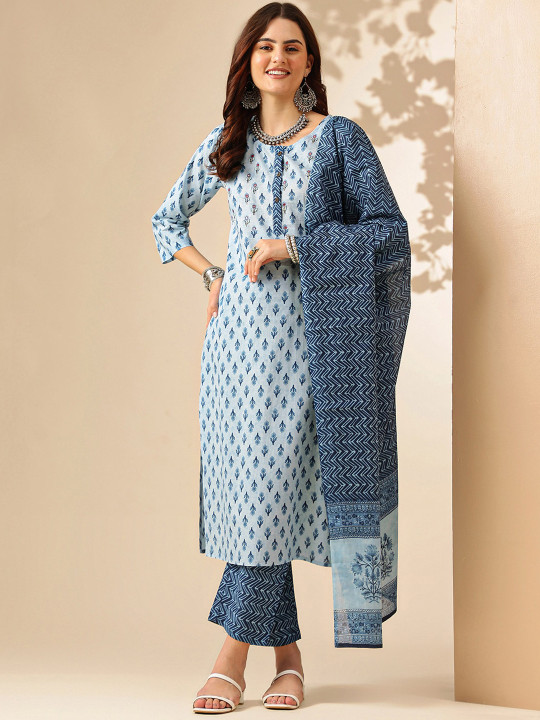 Anouk Floral Printed Regular Pure Cotton Kurta With Trousers & Dupatta