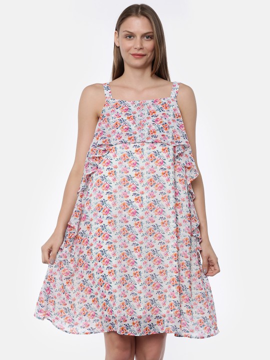 Women White & Pink Floral Printed A-Line Dress S