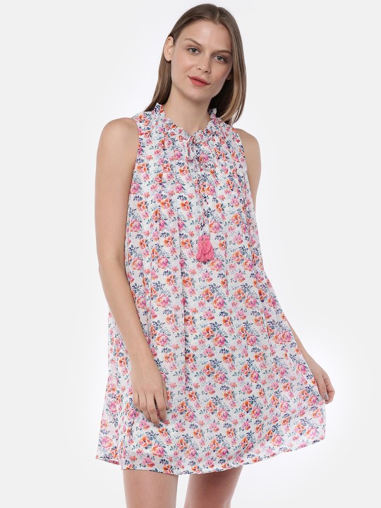 Women White & Pink Floral Printed A-Line Dress