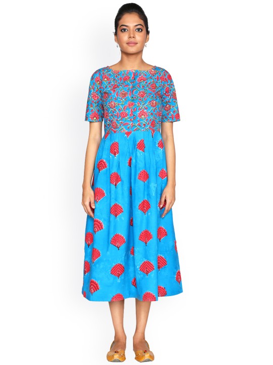 Women Blue Printed Fit and Flare Dress S