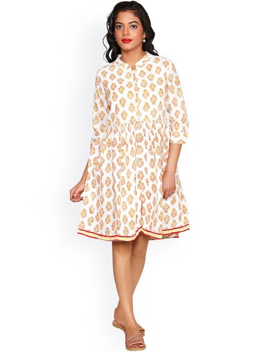Women White Printed Fit and Flare Dress S