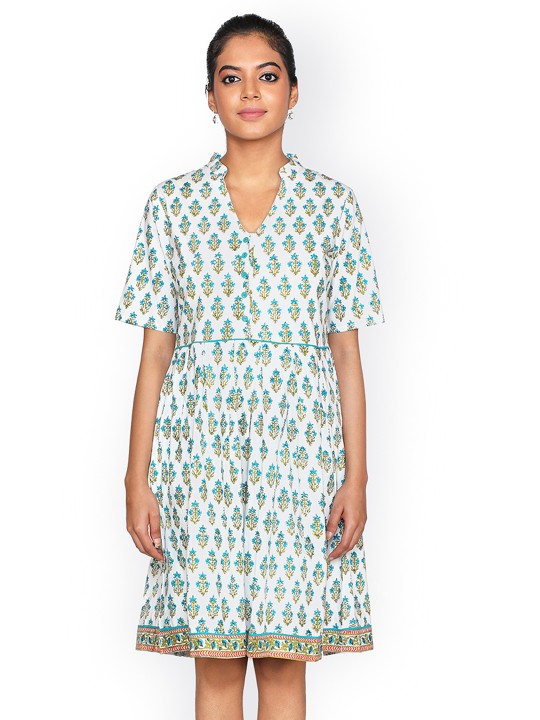 Women White Printed Fit and Flare Dress S
