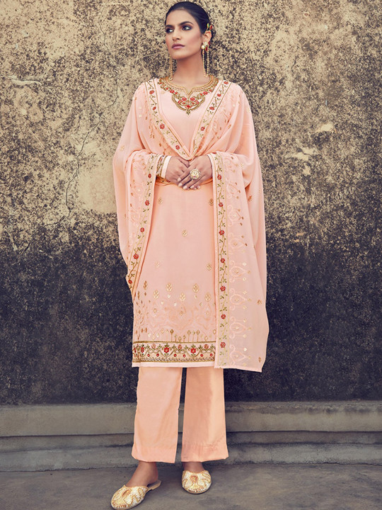 Kalini Floral Embroidered Regular Silk Georgette Straight Kurta with Trousers & Dupatta