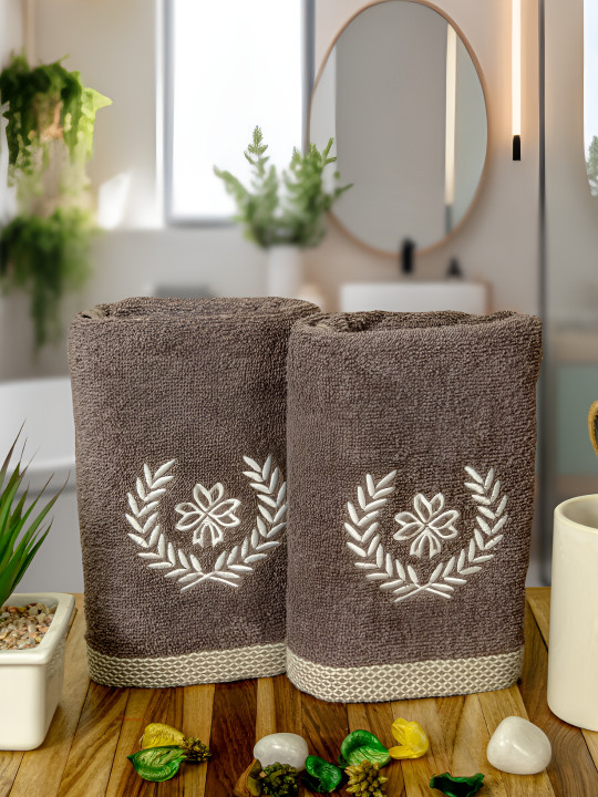 Aura Brown 2 Pieces Printed 550 GSM Quick Dry Hand Towels