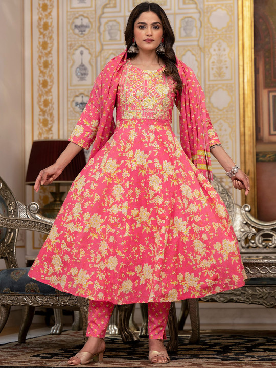 Yufta Pink Floral Printed Sequinned Pure Cotton Anarkali Kurta With Trousers & Dupatta