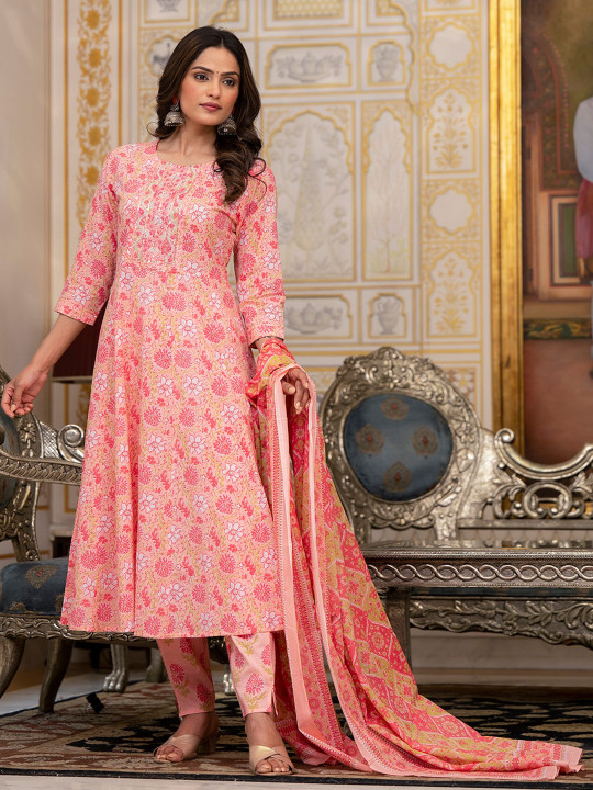 Yufta Peach Floral Printed Thread Work Pure Cotton Anarkali Kurta With Trousers & Dupatta
