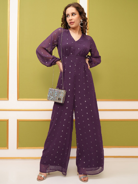 Tokyo Talkies Purple Self Design V-Neck Long Sleeves Basic Jumpsuit