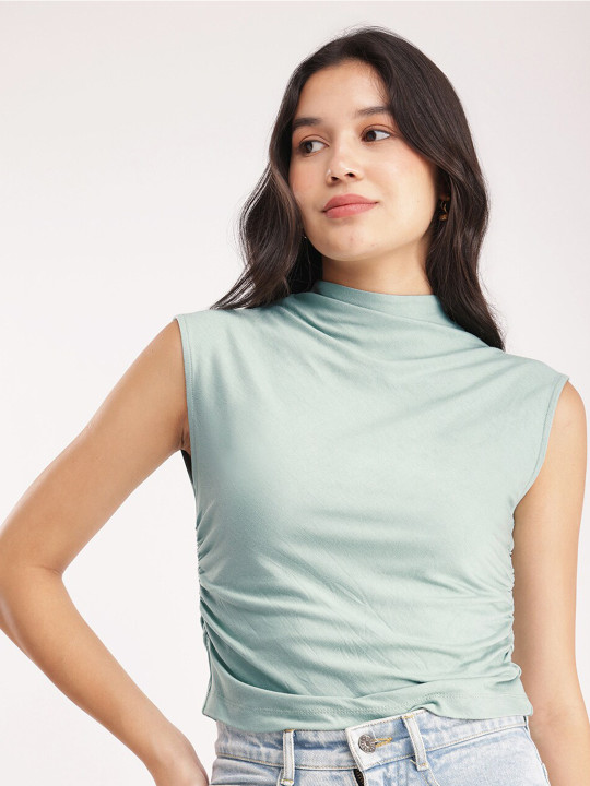 FABLE STREET High Neck Regular Cotton Ruched Green Top