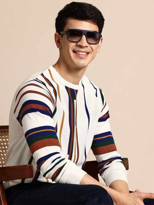 Mast & Harbour Long Sleeves Acrylic Striped Sweater